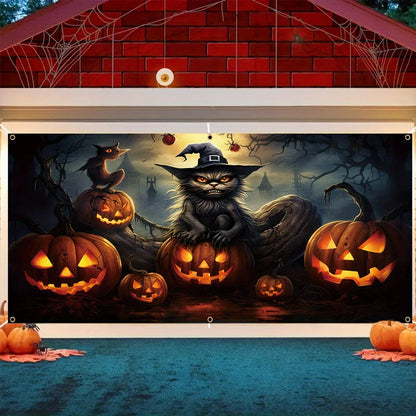 One 2D banner, a terrifying Halloween garage door decoration, a creepy ghost face pumpkin lantern with a black cat pattern