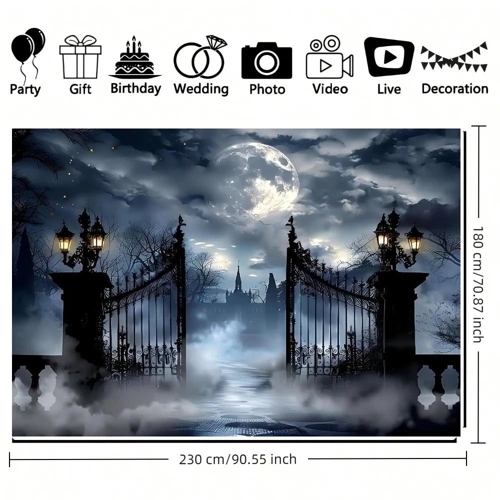 1pc Halloween Full Moon Night Garage door background, polyester material, foggy cemetery gate theme, garage door, villa.