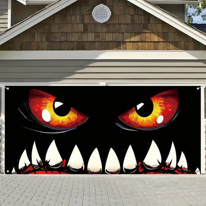 Halloween monster face garage door banner, terrifying decoration, polyester, multi-functional, autumn celebration event