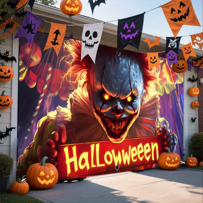 2D, 1pc printed garage curtain door curtain, terrifying clown, bloodthirsty mouth, sharp teeth, bloodstain decoration