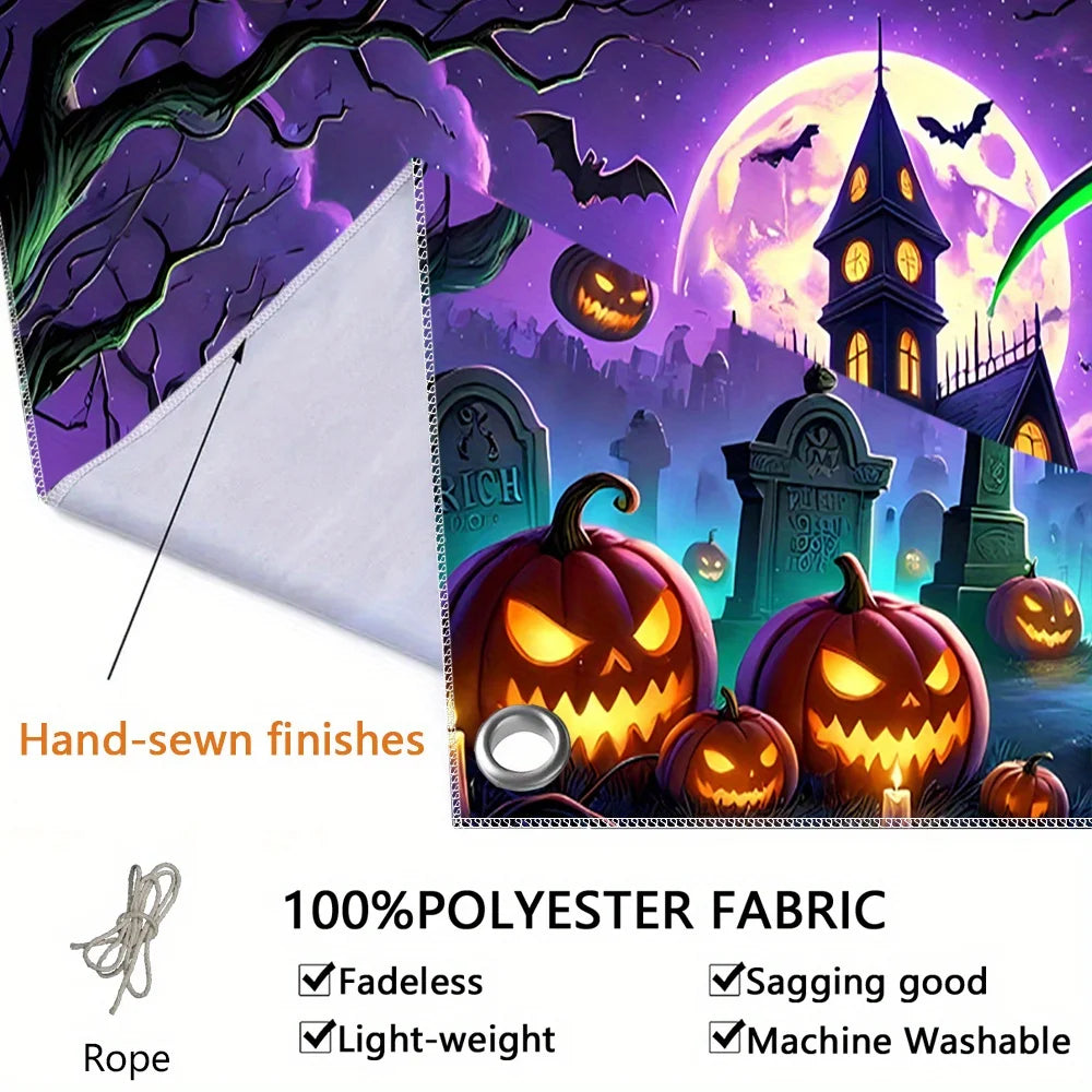 1 Halloween banner - Ghost house, pumpkin lantern and tombstone design, polyester garage door decoration