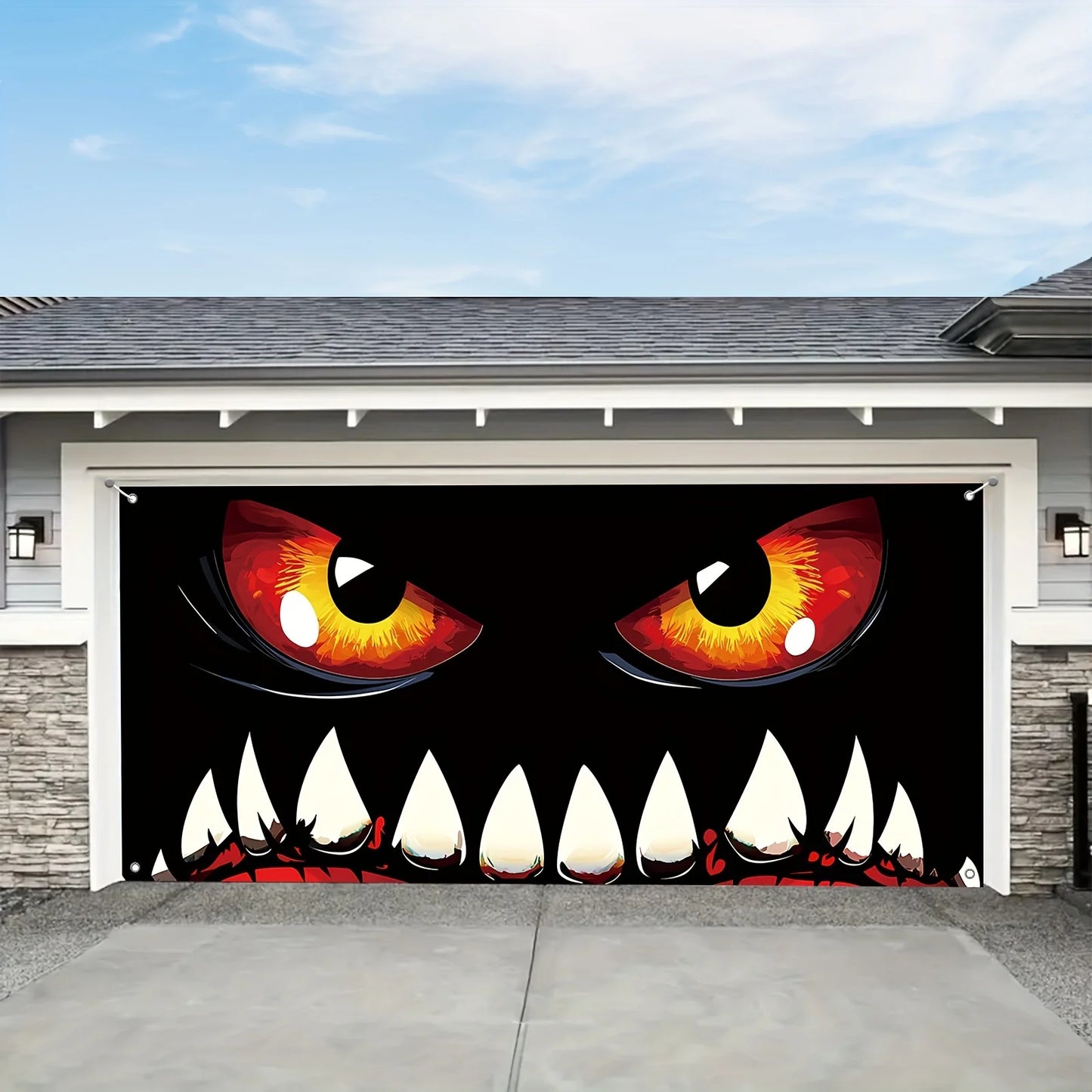 Halloween monster face garage door banner, terrifying decoration, polyester, multi-functional, autumn celebration event