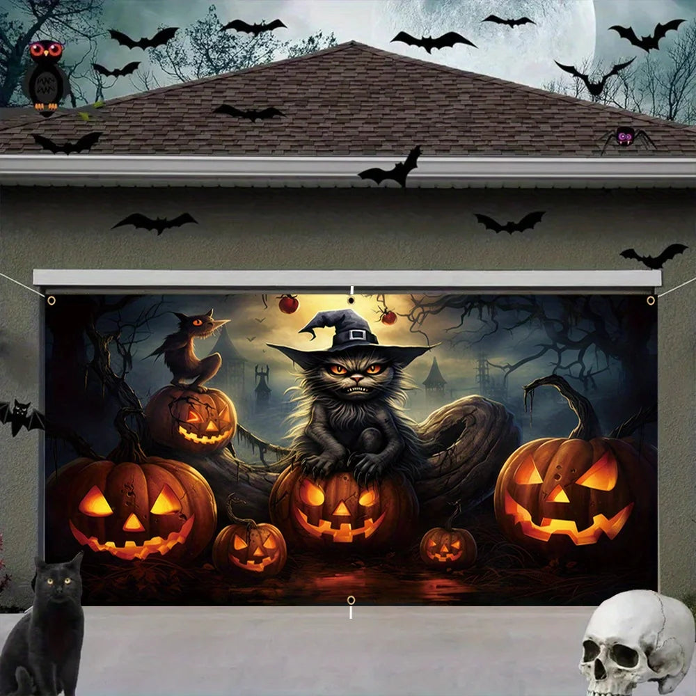 One 2D banner, a terrifying Halloween garage door decoration, a creepy ghost face pumpkin lantern with a black cat pattern