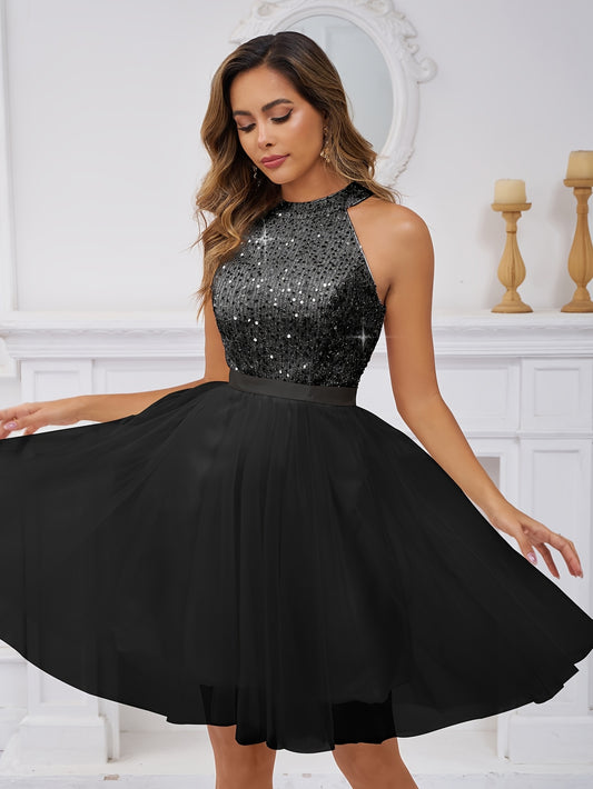 Sequined Halter Shoulder Dress, Elegant Sleeveless Tulle Dress For Dance Party, Women'S Clothing