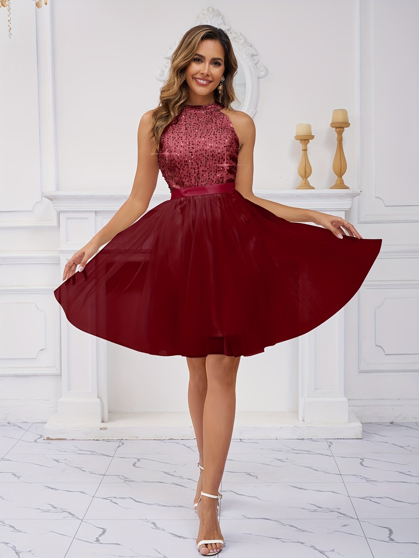 Sequined Halter Shoulder Dress, Elegant Sleeveless Tulle Dress For Dance Party, Women'S Clothing