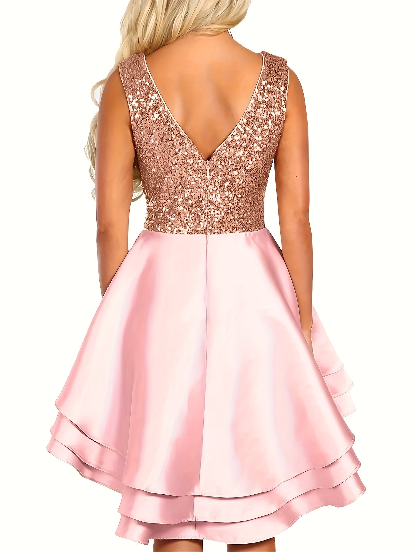 Vestido mini skater con escote en V y lentejuelas brillantes para mujer: vestido de cóctel de fiesta sin mangas en forma de A con dobladillo acampanado, color dorado/beige, mezcla de poliéster, lavable a máquina